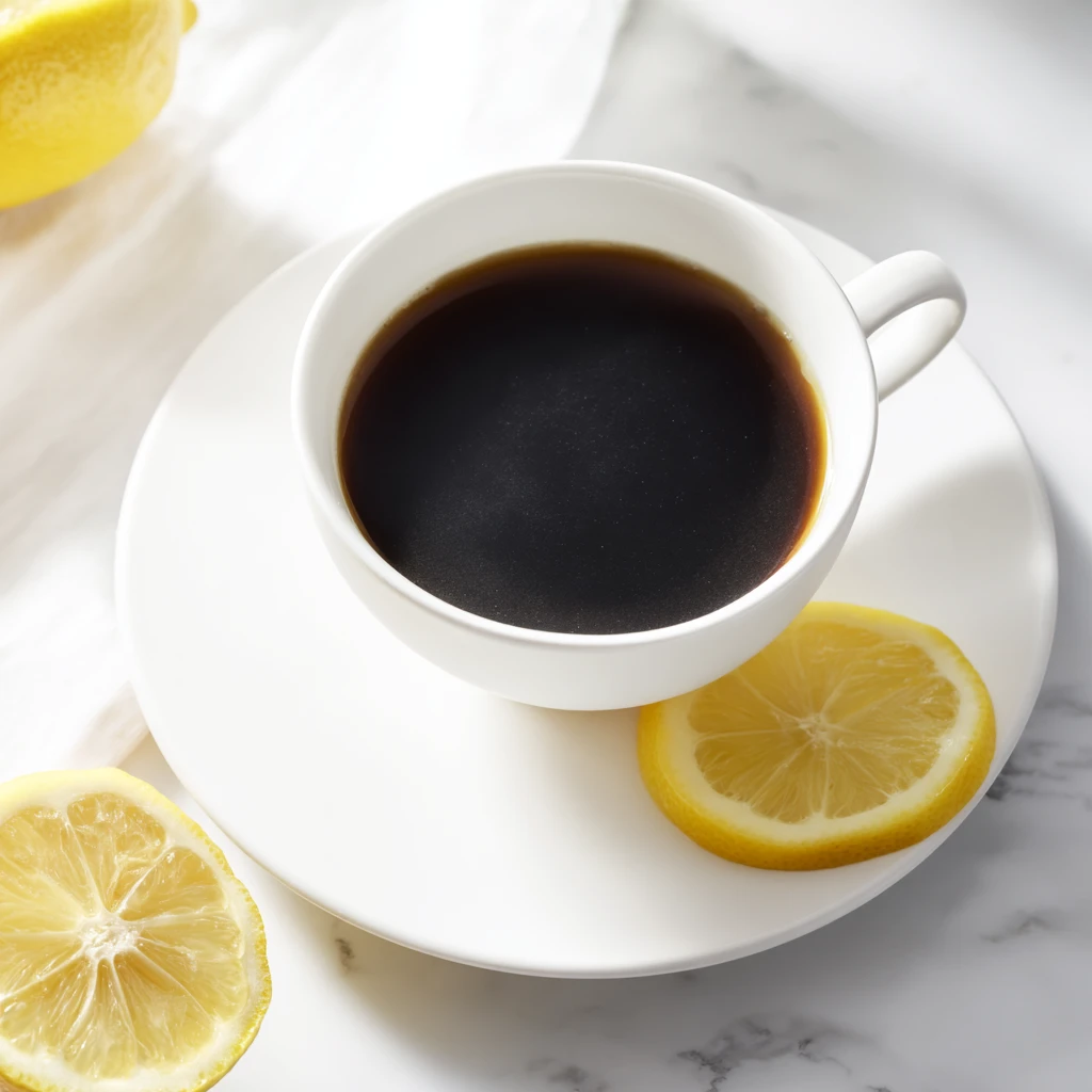 Coffee Loophole Recipe drink with lemon slices and black coffee on a white marble surface.