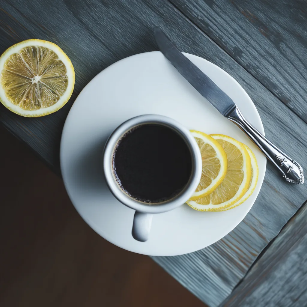 Cup of black coffee with lemon slices on a white saucer, placed on a rustic wooden table — Coffee Loophole Recipe.