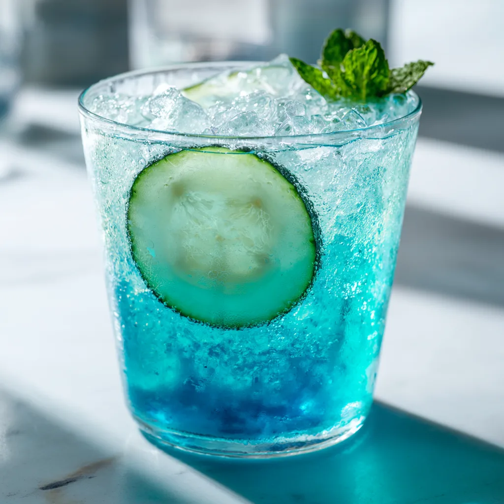 Blue salt trick recipe drink with mint and cucumber