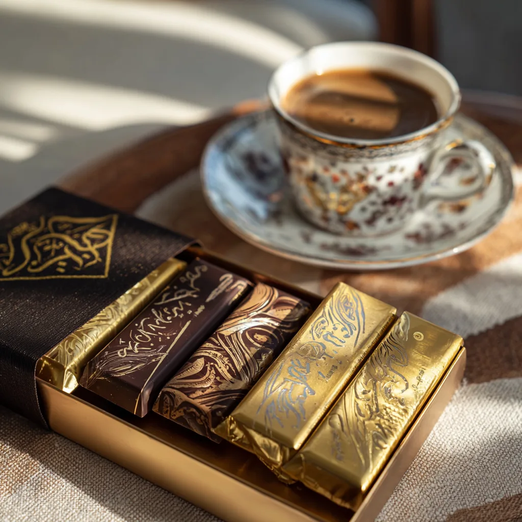 Dubai chocolate bar served with Arabic coffee