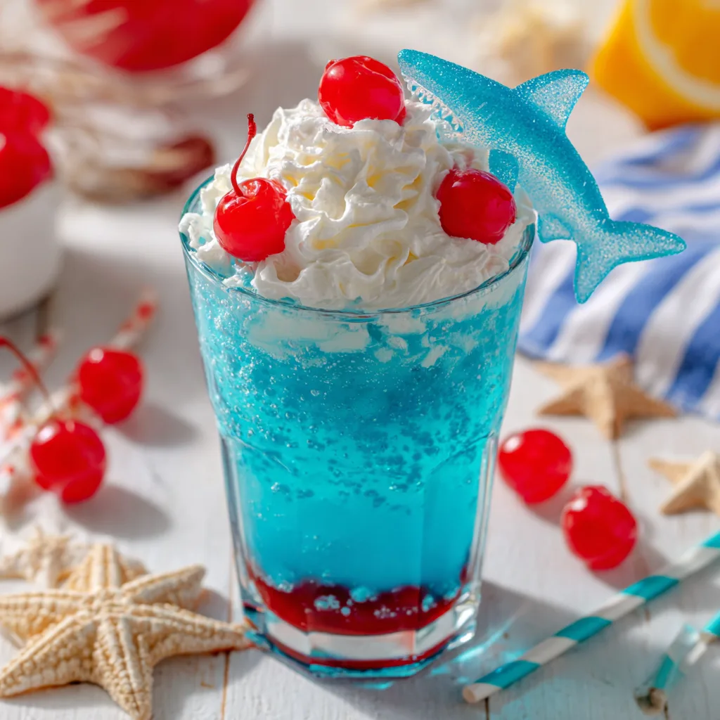 Bright blue gummy sharks drink topped with candy and whipped cream