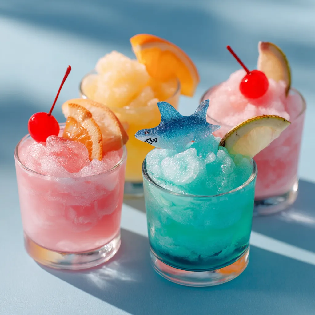 Gummy sharks drink variations in colorful glasses